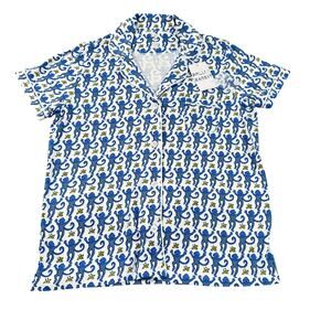 New Roller Rabbit classic BLUE MONKEY Polo Pajamas Top Prima Cotton Womens Large